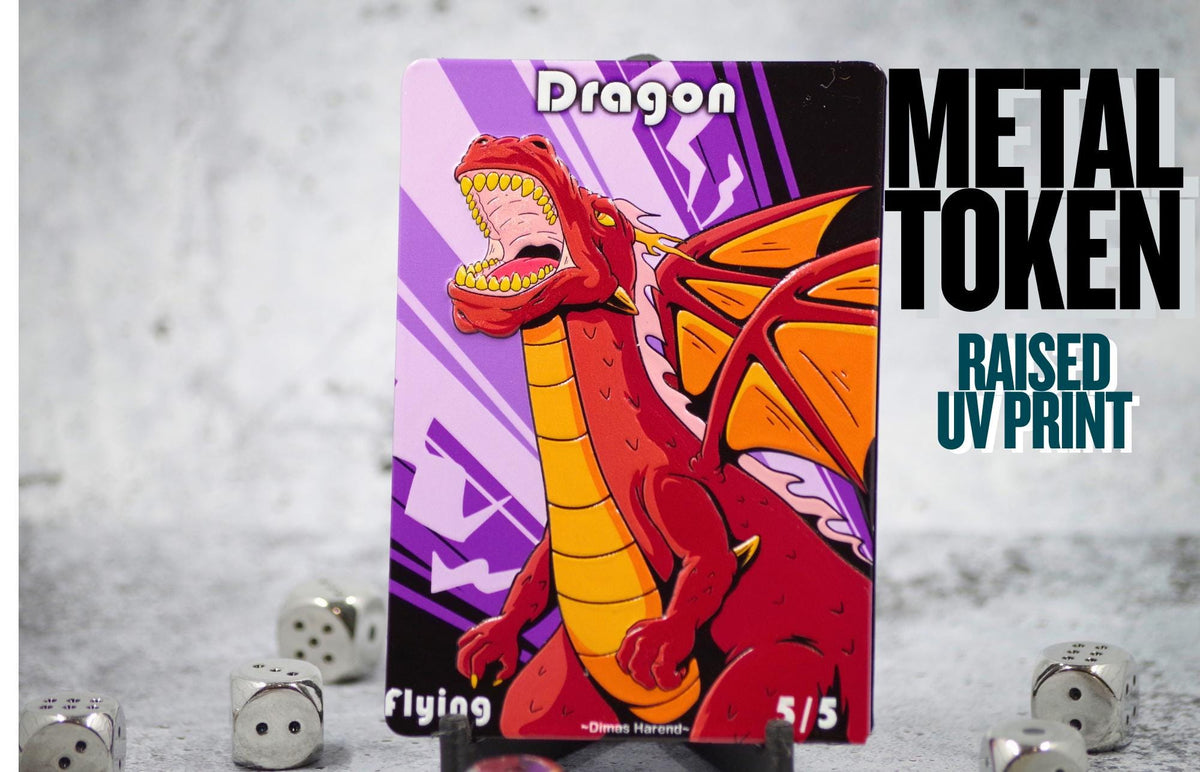 Metal Dragon Token for MTG | Raised 3D UV Resin Artwork | Triple Commander Token