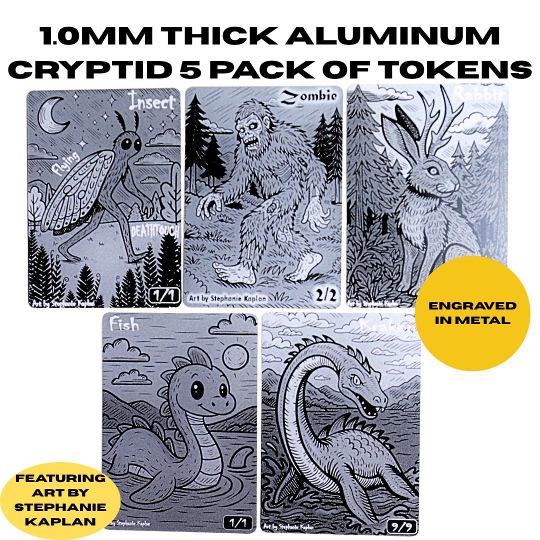 Cryptid MTG Tokens – Mothman, Bigfoot, Nessie, Aluminum 5-Pack