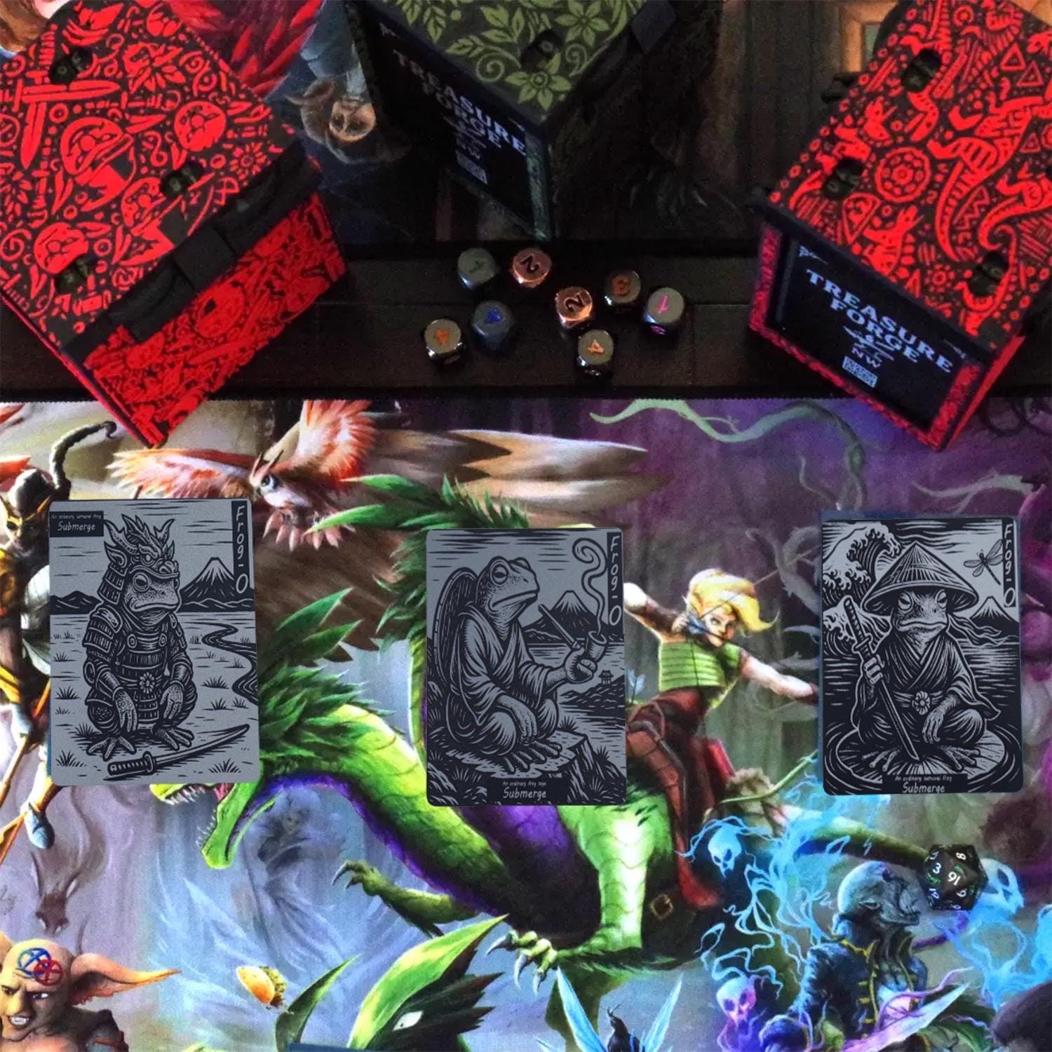 Engraved Metal Frog Tokens: Samurai Gamer Gift, 3-Piece Set