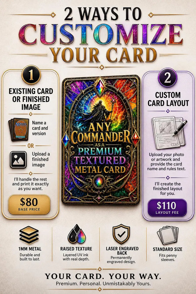 Custom Metal MTG Commander Proxy – 3D Raised Textured Magic the Gathering Card - Any Card Printed on Metal