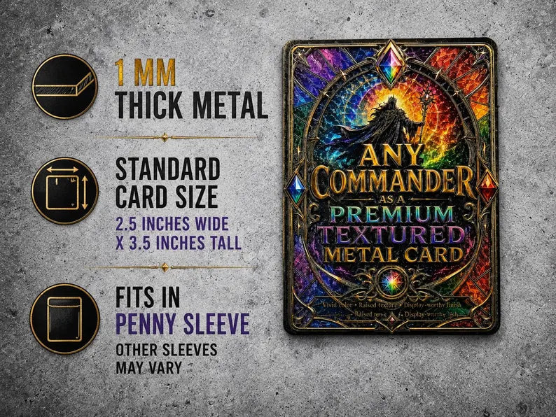 Custom Metal MTG Commander Proxy – 3D Raised Textured Magic the Gathering Card - Any Card Printed on Metal